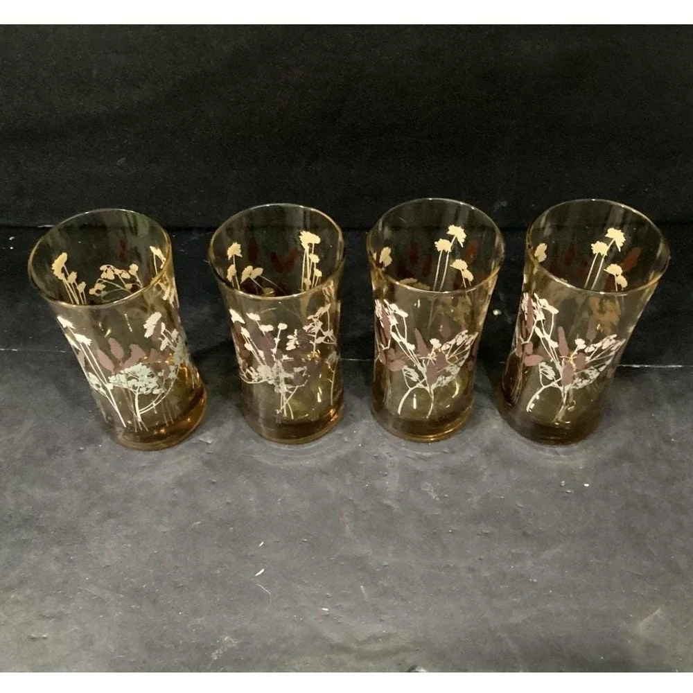 Federal Glass Interlude Highball Glasses, Set‎ of 4, Hourglass, Floral Tumblers